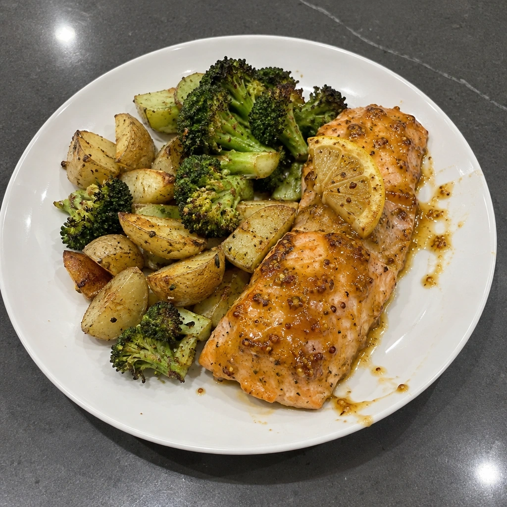 Saumon laqué érable-moutarde, patates et brocoli sur une plaque