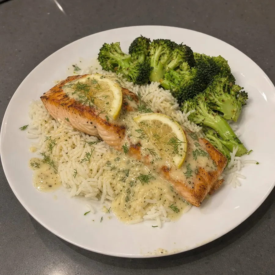 Saumon poêlé, sauce crémeuse citron-aneth et riz basmati