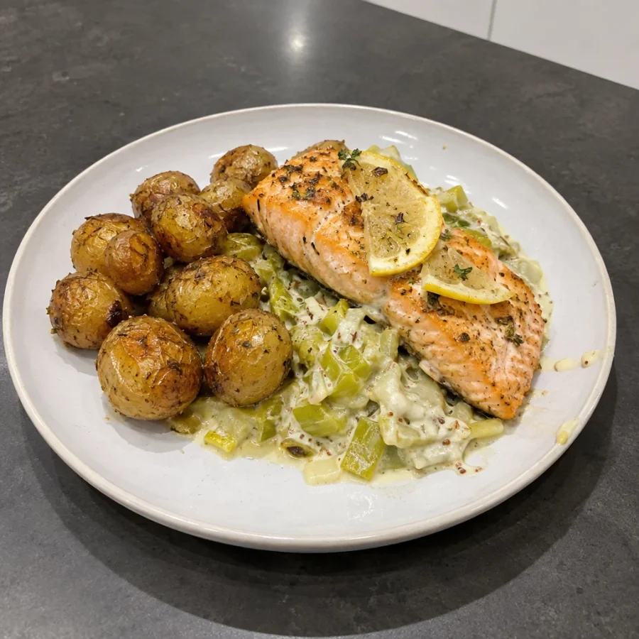 Saumon rôti, poireaux à la crème et pommes de terre grelots