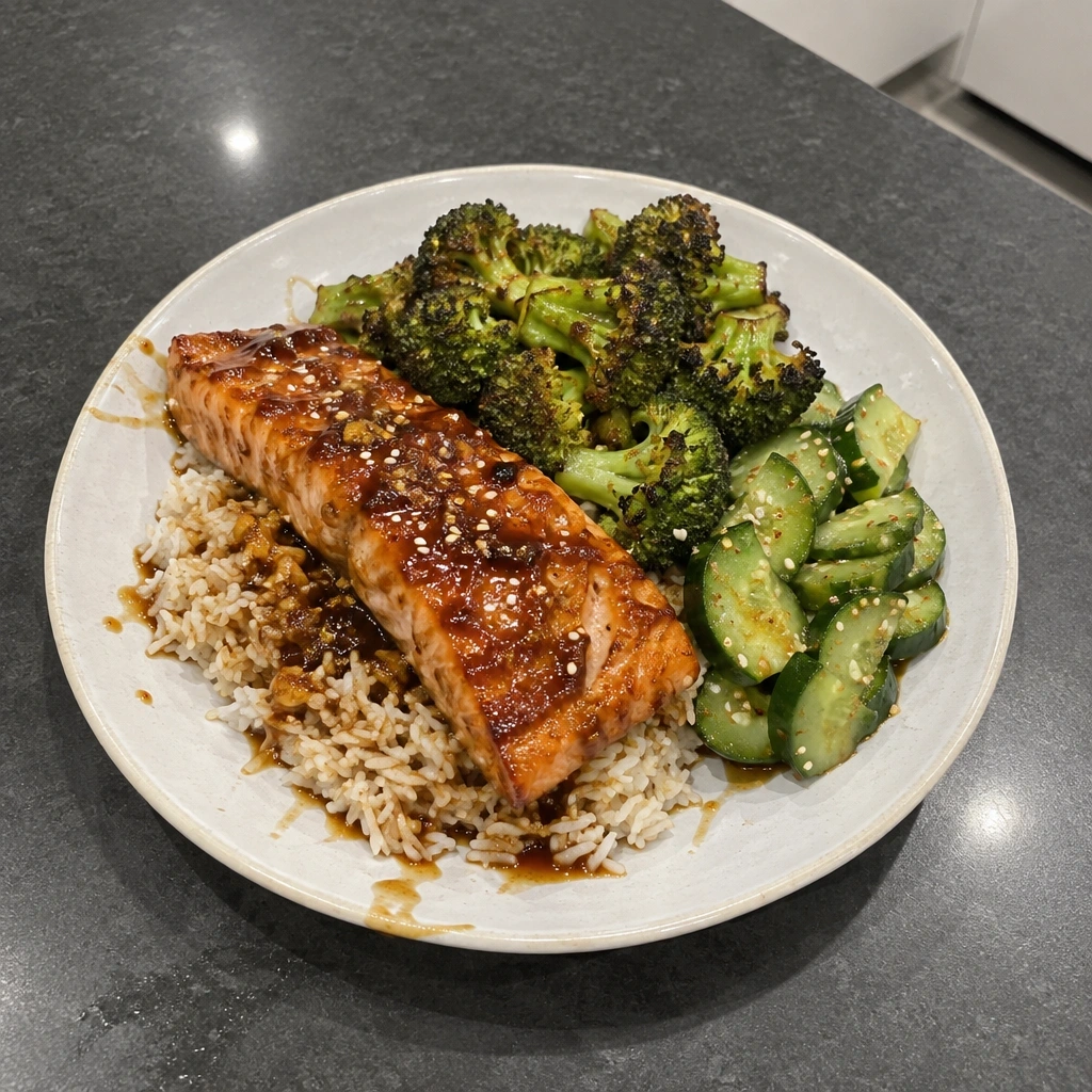 Saumon laqué teriyaki à l'érable, riz, brocoli rôti et concombres au sésame