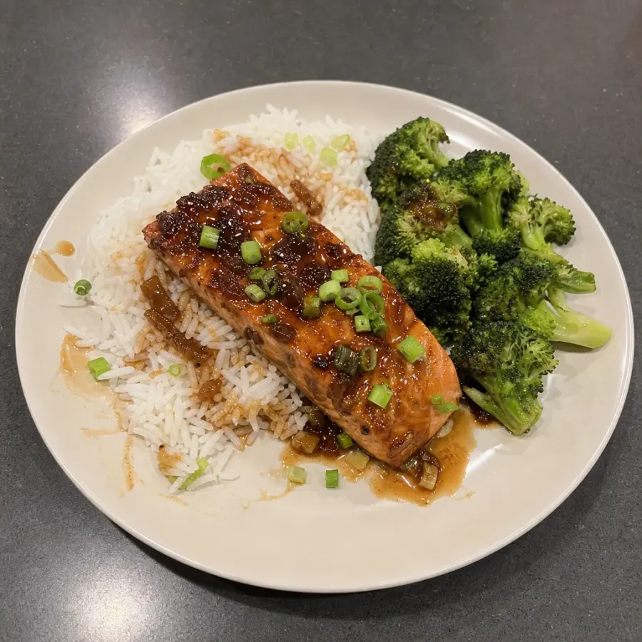Saumon teriyaki au four, riz basmati et brocoli