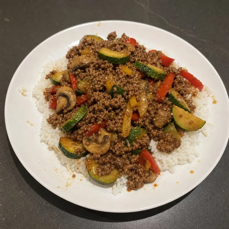 Sauté de boeuf haché asiatique, courgettes et poivrons sur riz