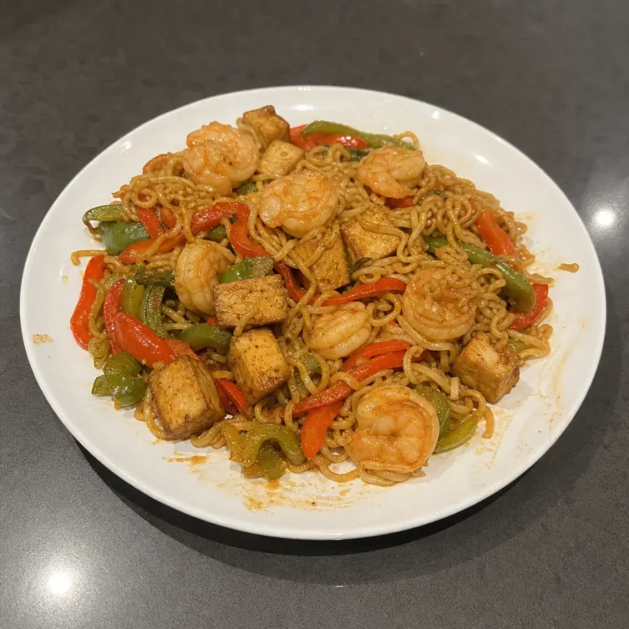 Sauté de crevettes, tofu et nouilles aux légumes