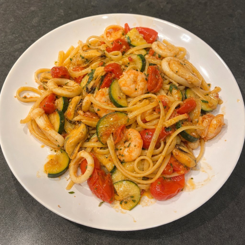 Sauté de fruits de mer à l'ail, tomates et courgettes sur linguine
