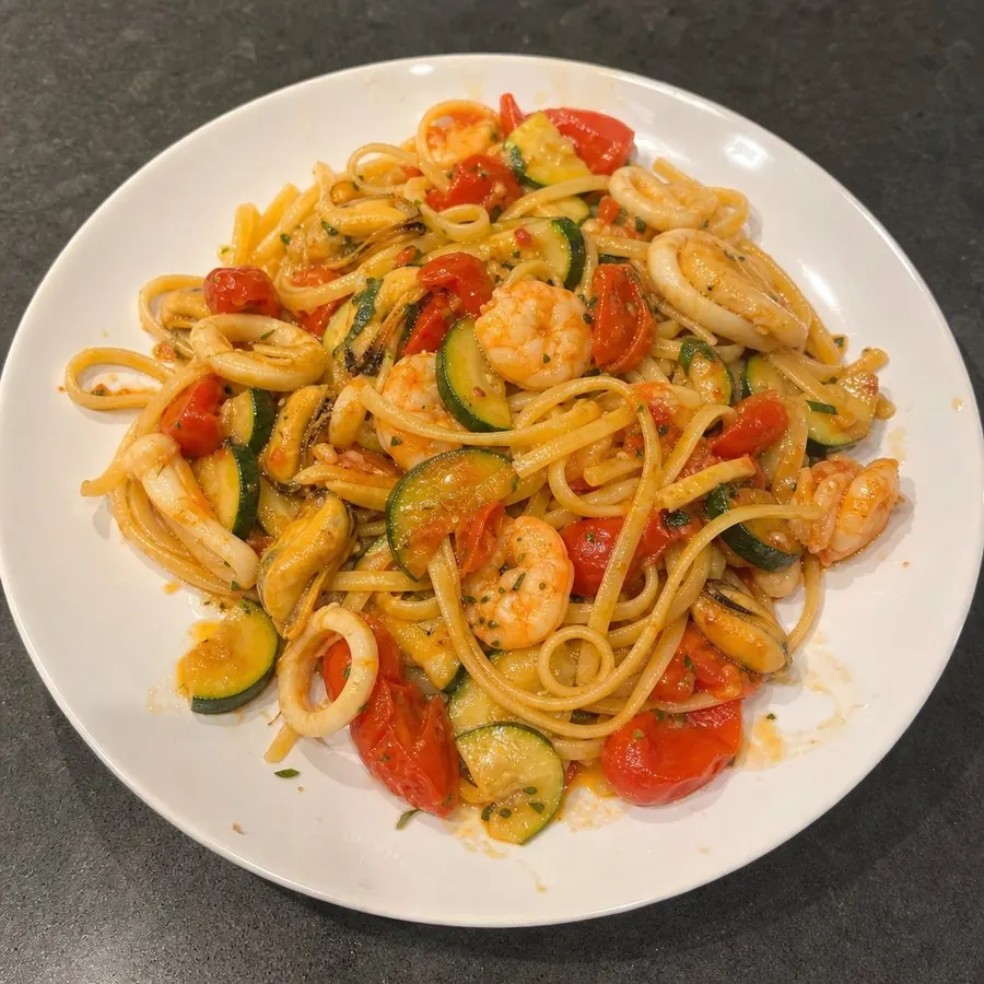 Sauté de fruits de mer à l'ail, tomates et courgettes sur linguine