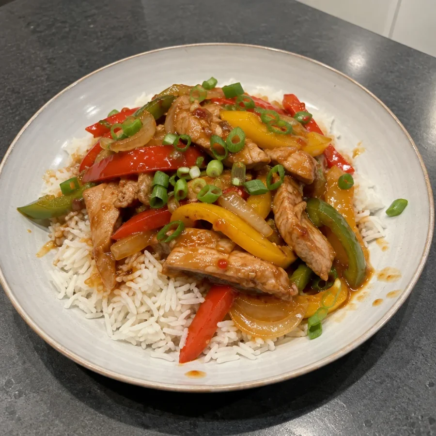 Sauté de porc aigre-doux aux trois poivrons et riz jasmin