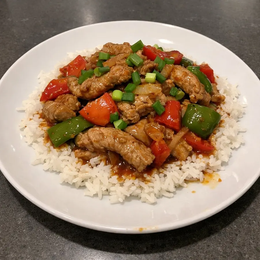 Sauté de porc asiatique aux poivrons et sauce aux prunes VH sur riz basmati