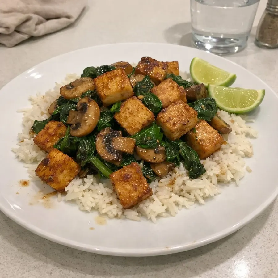 Sauté de tofu croustillant aux épinards, champignons et riz basmati