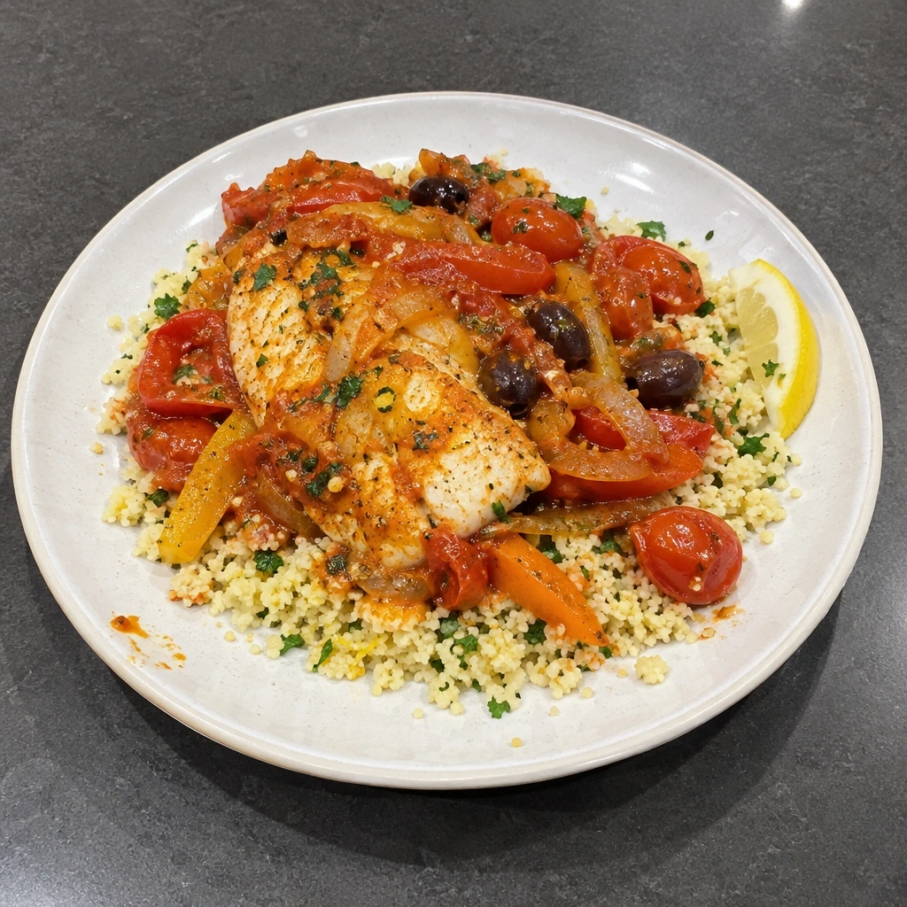 Sébaste mijoté aux tomates, poivrons et olives, couscous au citron