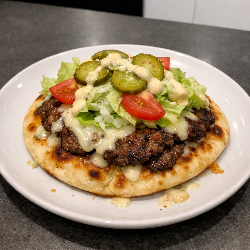 Smash burgers sur naan, mozzarellissima fondante, laitue iceberg et cornichons