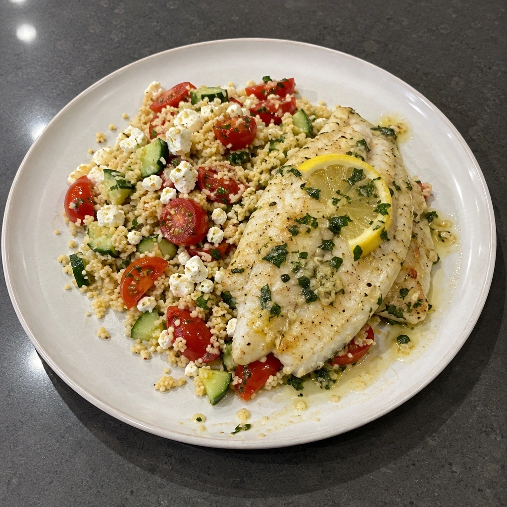 Filets de sole au beurre citronné, couscous aux tomates et à la feta