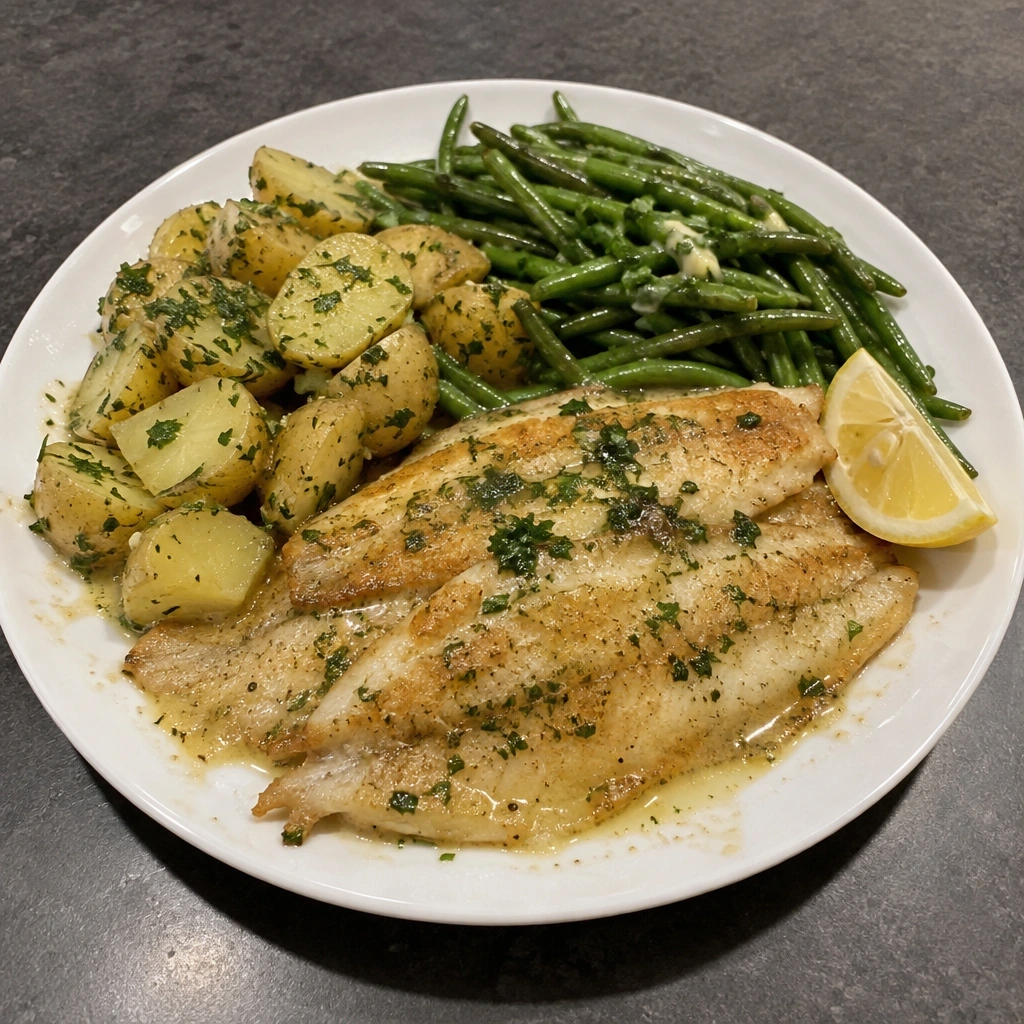 Filets de sole meunière, pommes de terre persillées et haricots verts au beurre
