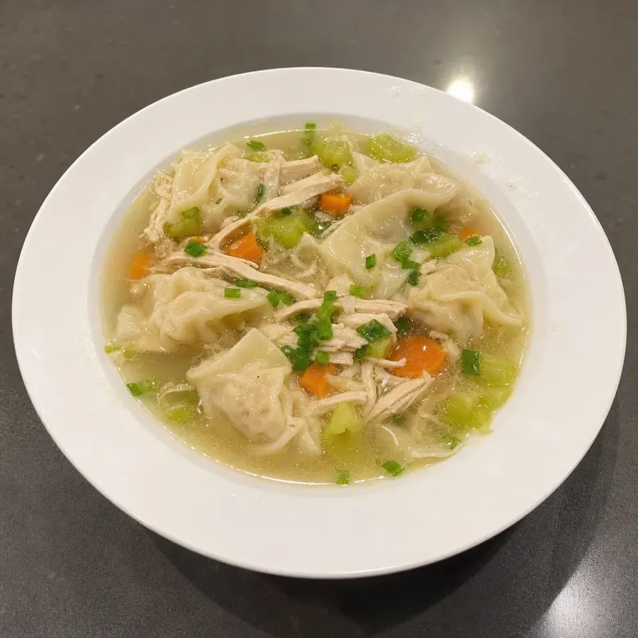 Soupe won ton maison au poulet, céleri et oignons verts