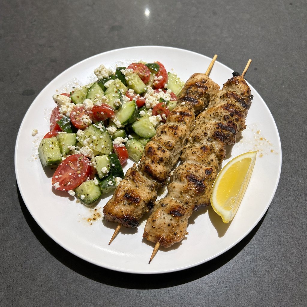 Souvlaki de poulet Marcangelo à la grecque, salade concombre-tomate-feta