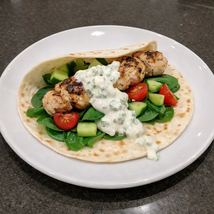Souvlaki de poulet en tortillas avec tzatziki minute