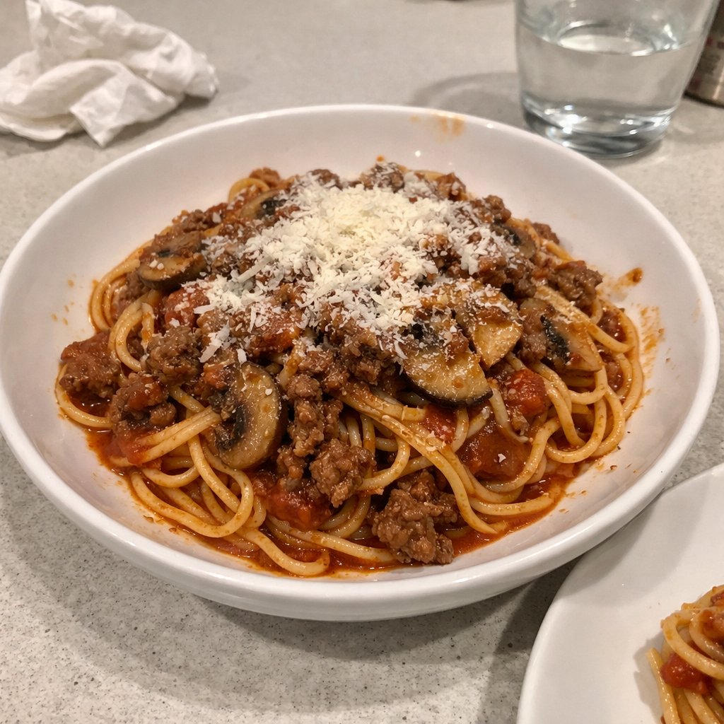 Spaghetti au bœuf haché, champignons cremini et parmesan
