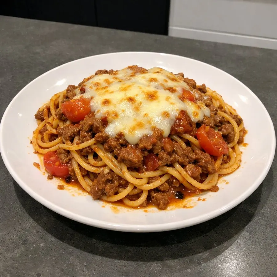 Spaghetti bolognaise au bœuf nourri à l'herbe, tomates vigne et mozzarella gratinée
