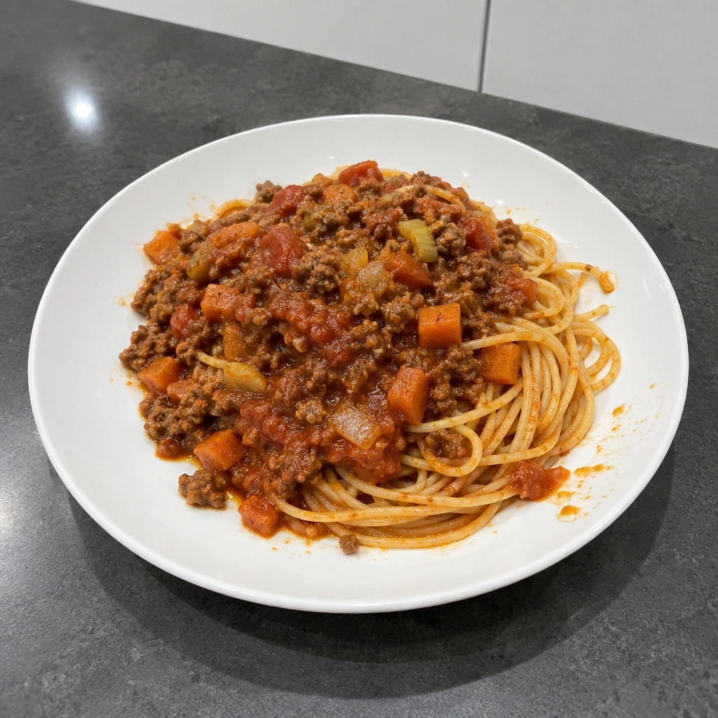 Spaghetti bolognaise maison, sauce mijotée aux carottes et céleri