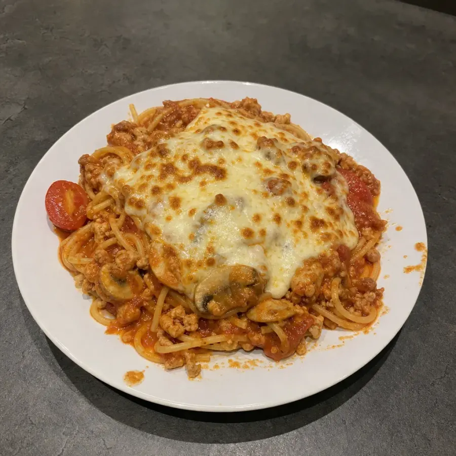 Spaghetti bolognaise au poulet haché gratiné à la mozzarella