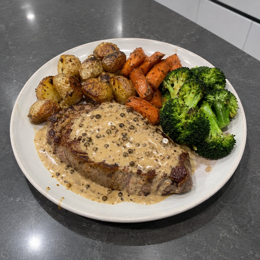 Bifteck d'aloyau sauce au poivre, pommes de terre et carottes rôties