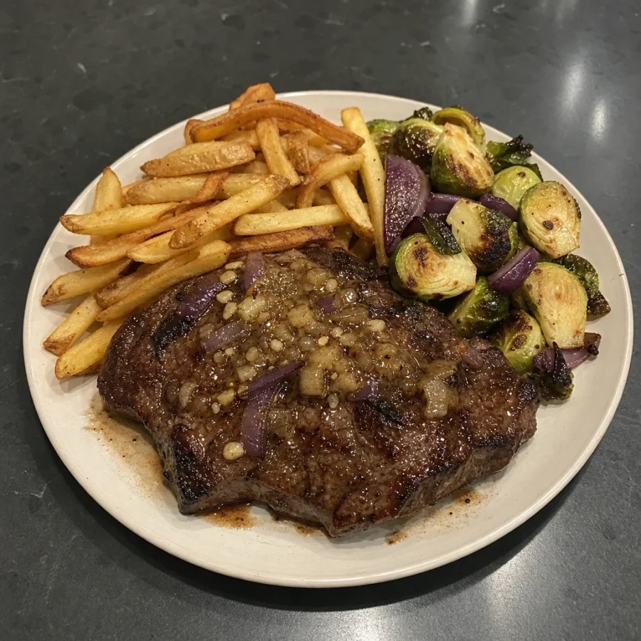 Steak-frites, beurre à l'ail et choux de Bruxelles rôtis