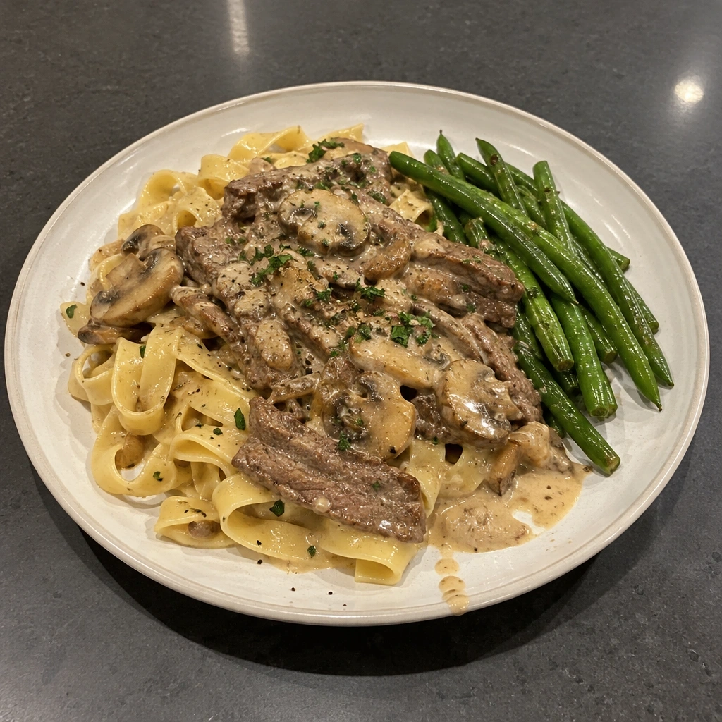 Stroganoff de bœuf aux champignons, pâtes et haricots verts