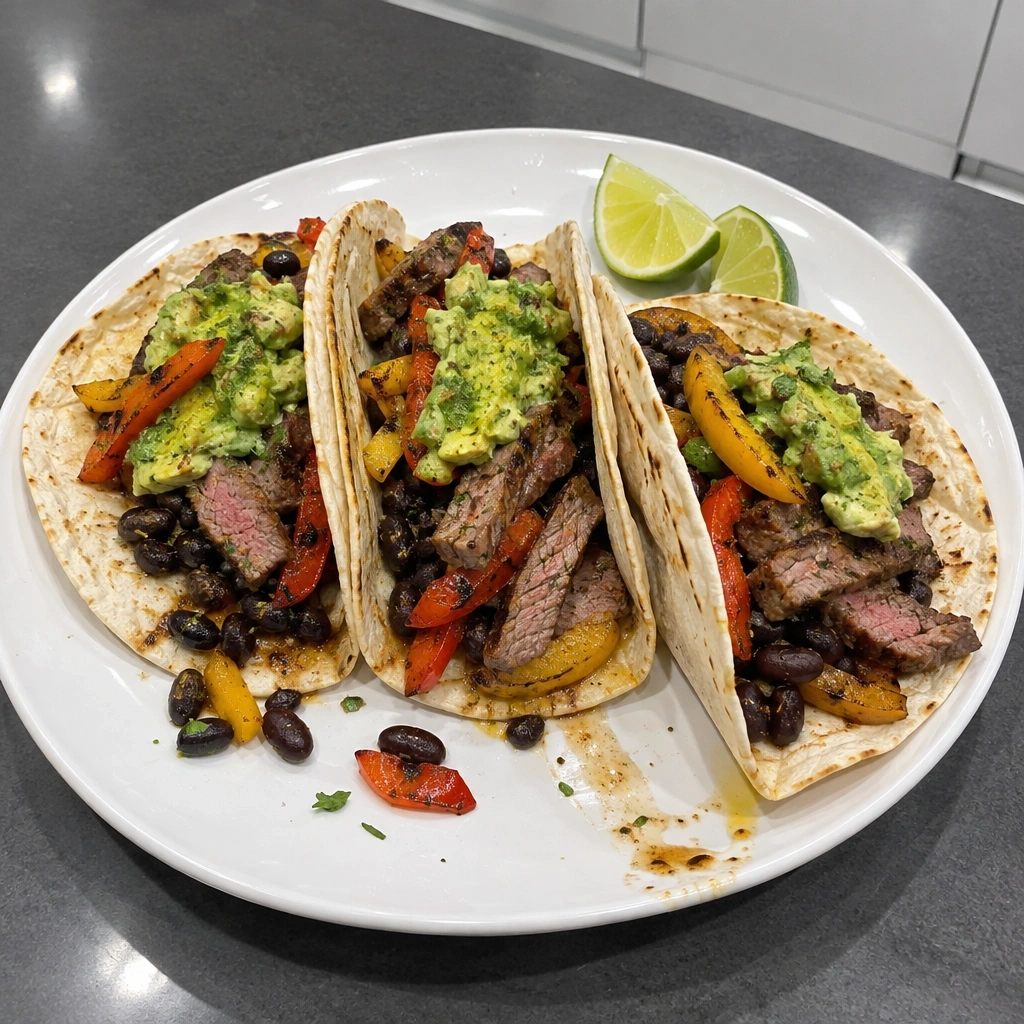 Tacos de contre-filet mariné, poivrons grillés et haricots épicés