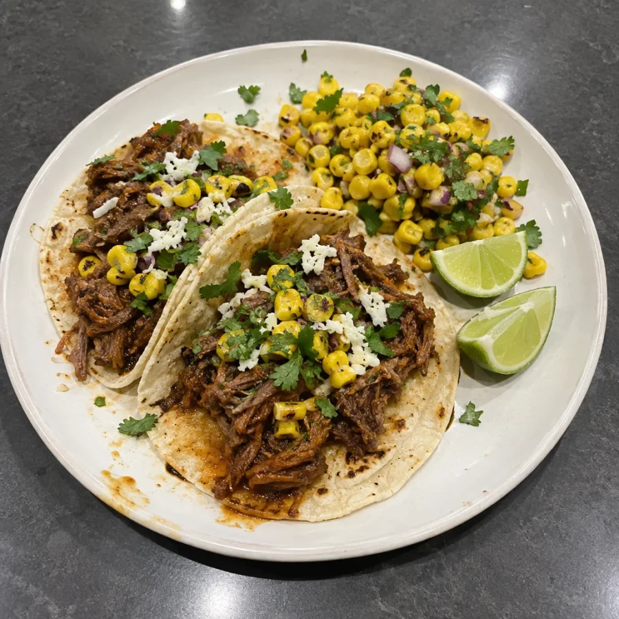 Tacos de boeuf effiloché épicé et salsa de maïs