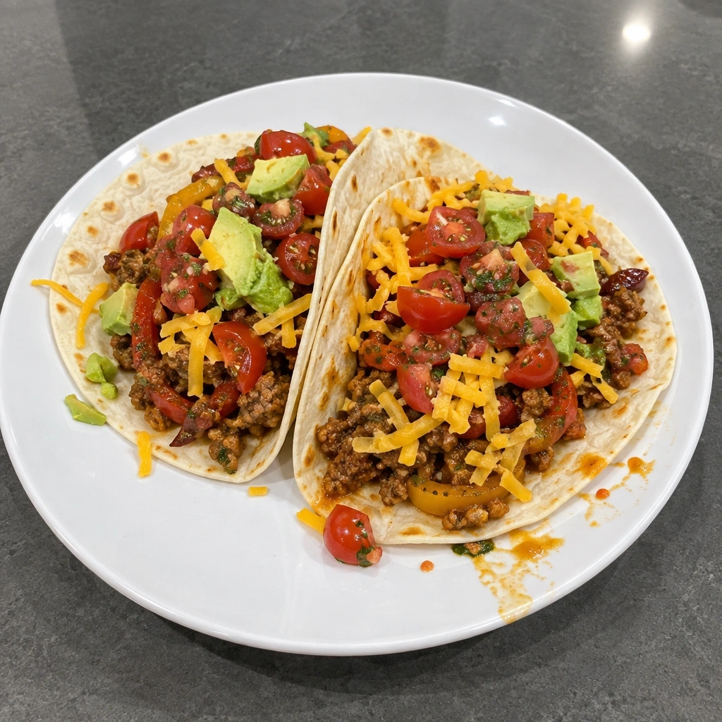 Tacos de bœuf épicé, salsa de tomates cocktail et avocat