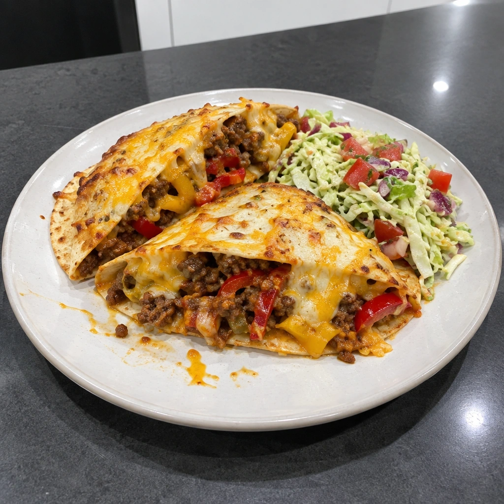 Tacos gratinés au bœuf haché, poivrons et salsa de chou