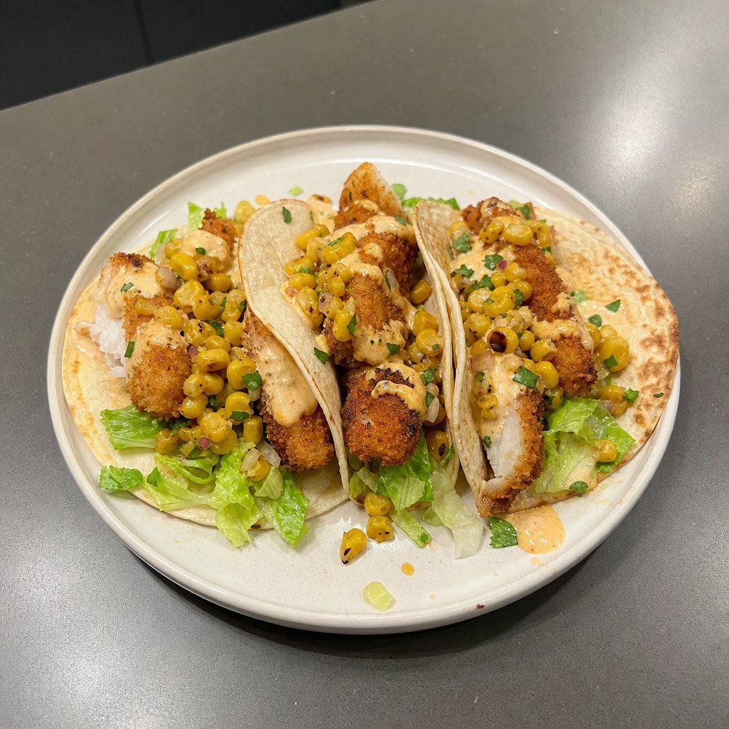 Tacos de poisson pané croustillant, salsa de maïs