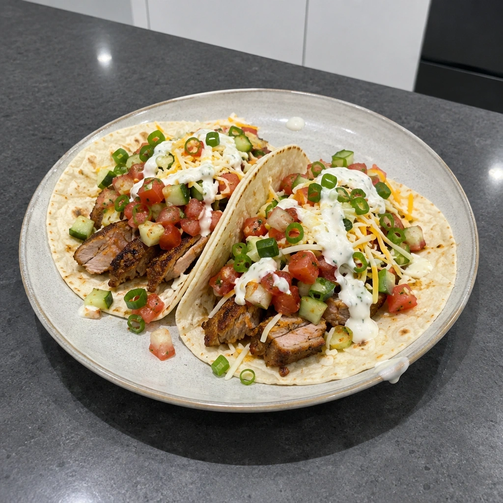 Tacos de porc grillé aux épices, salsa fraîche et crème au yogourt