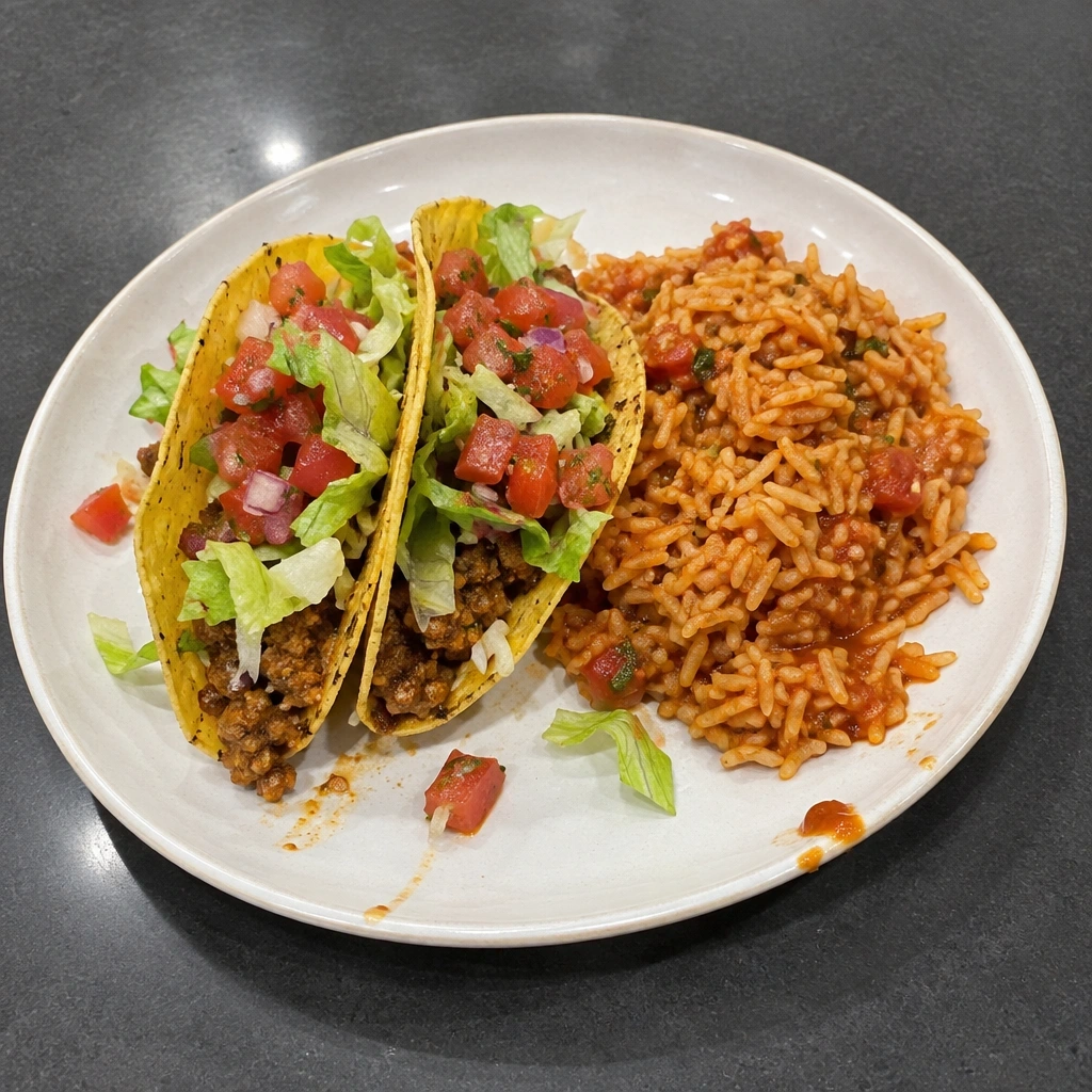Tacos de porc haché épicé, riz mexicain et pico de tomates