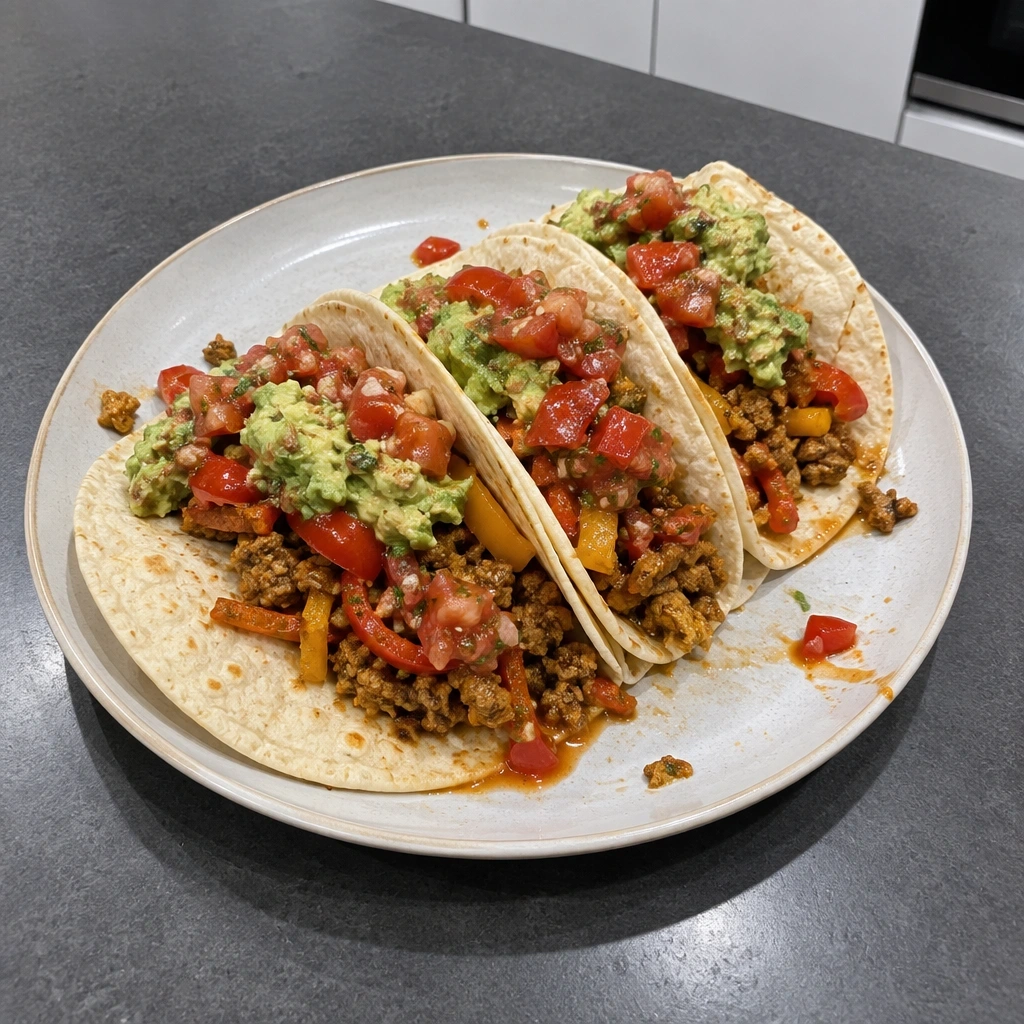 Tacos de porc haché aux poivrons, salsa de tomates fraîches et avocat