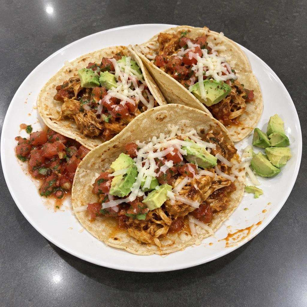 Tacos de poulet effiloché mijoté, salsa de tomates et avocat