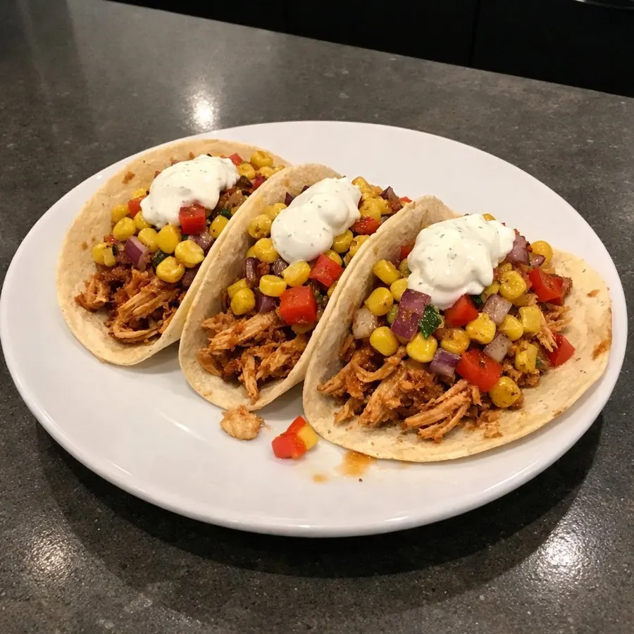 Tacos de poulet effiloché, salsa de maïs grillé et crème sure