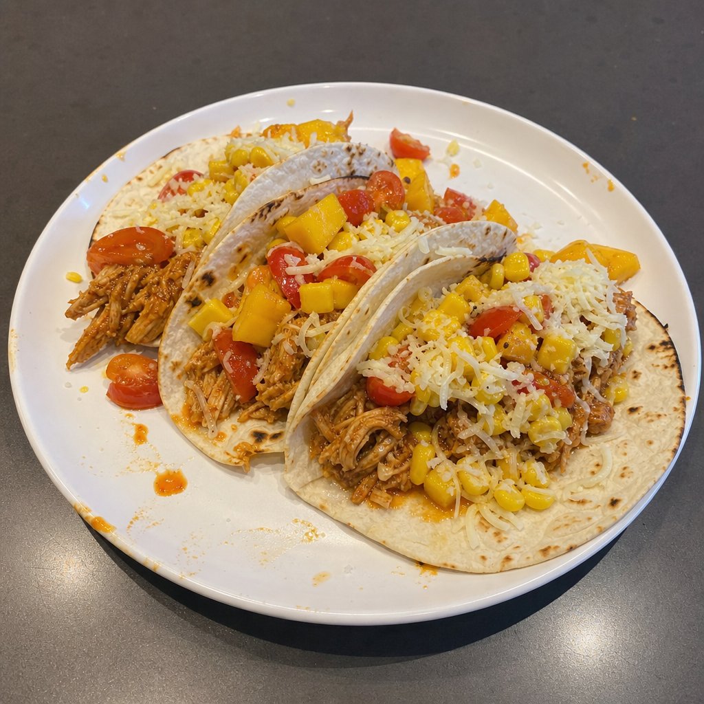 Tacos de poulet effiloché et salsa à la mangue