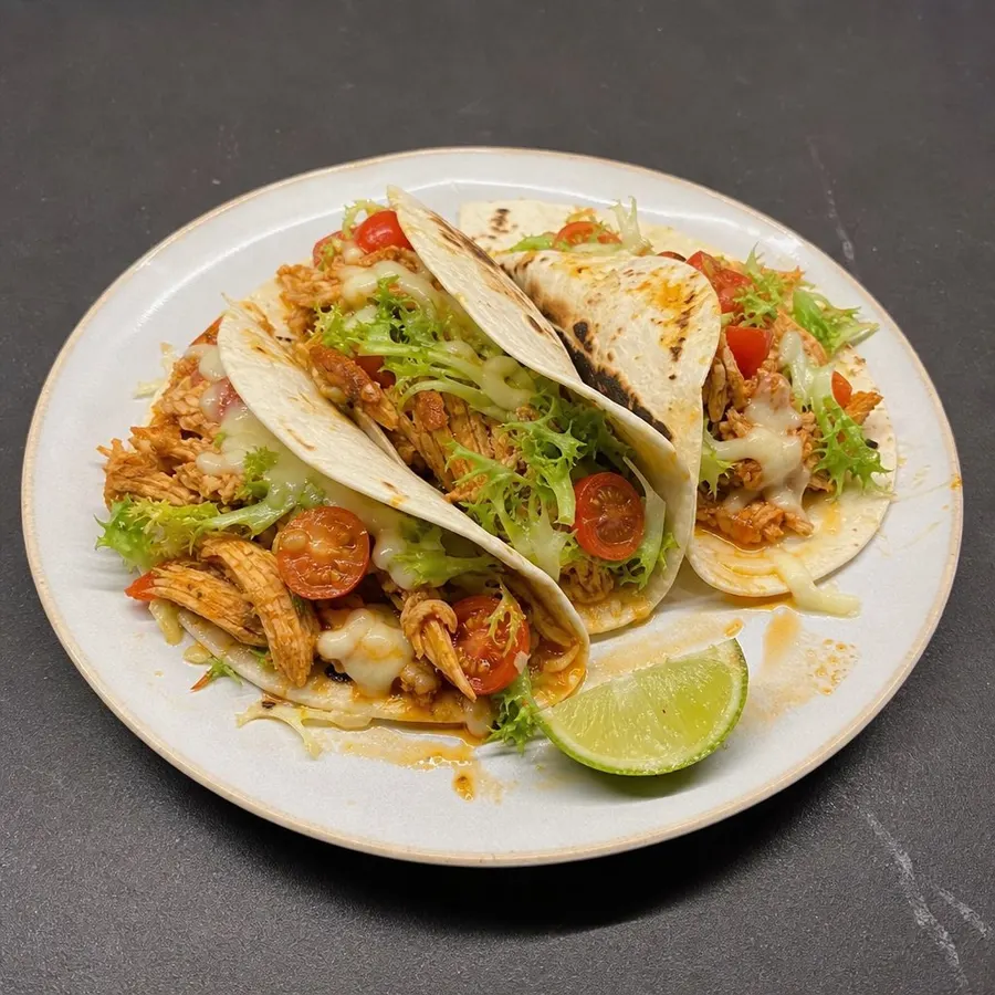 Tacos de poulet effiloché tex-mex, laitue croquante et lime