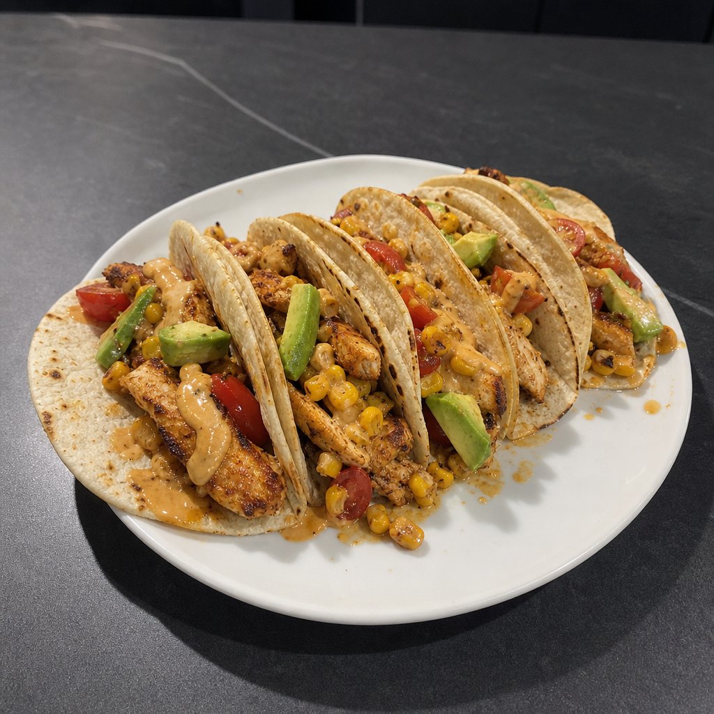 Tacos de poulet épicé, maïs et avocat