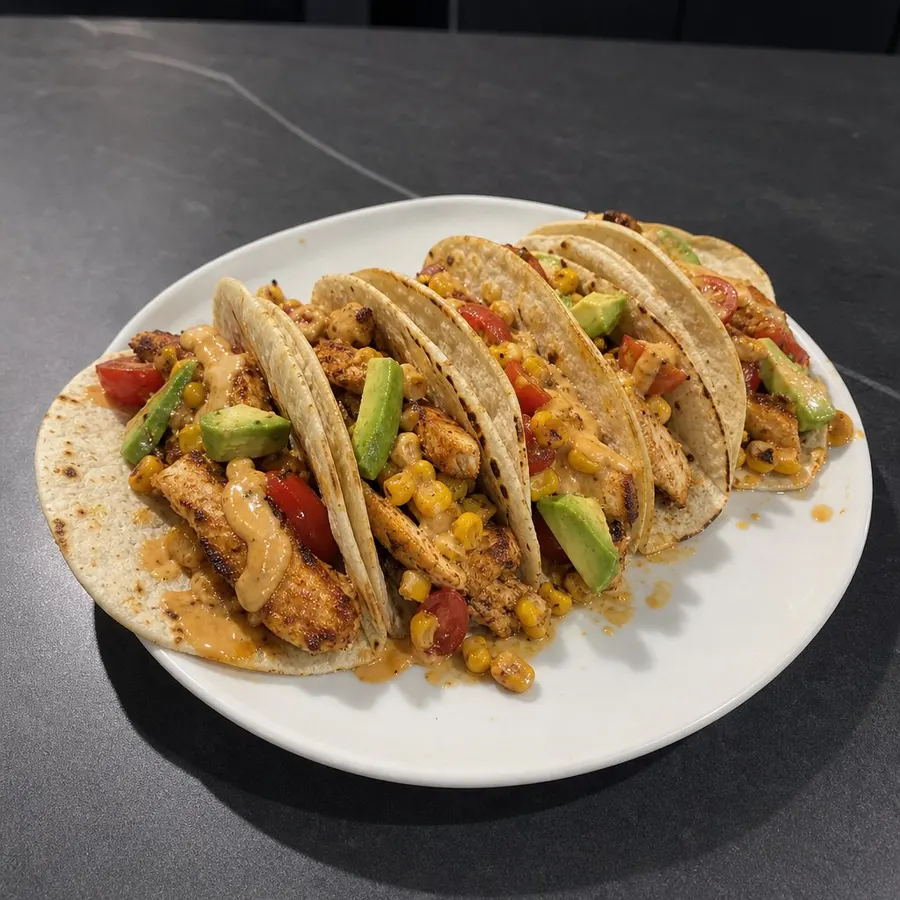 Tacos de poulet épicé, maïs et avocat