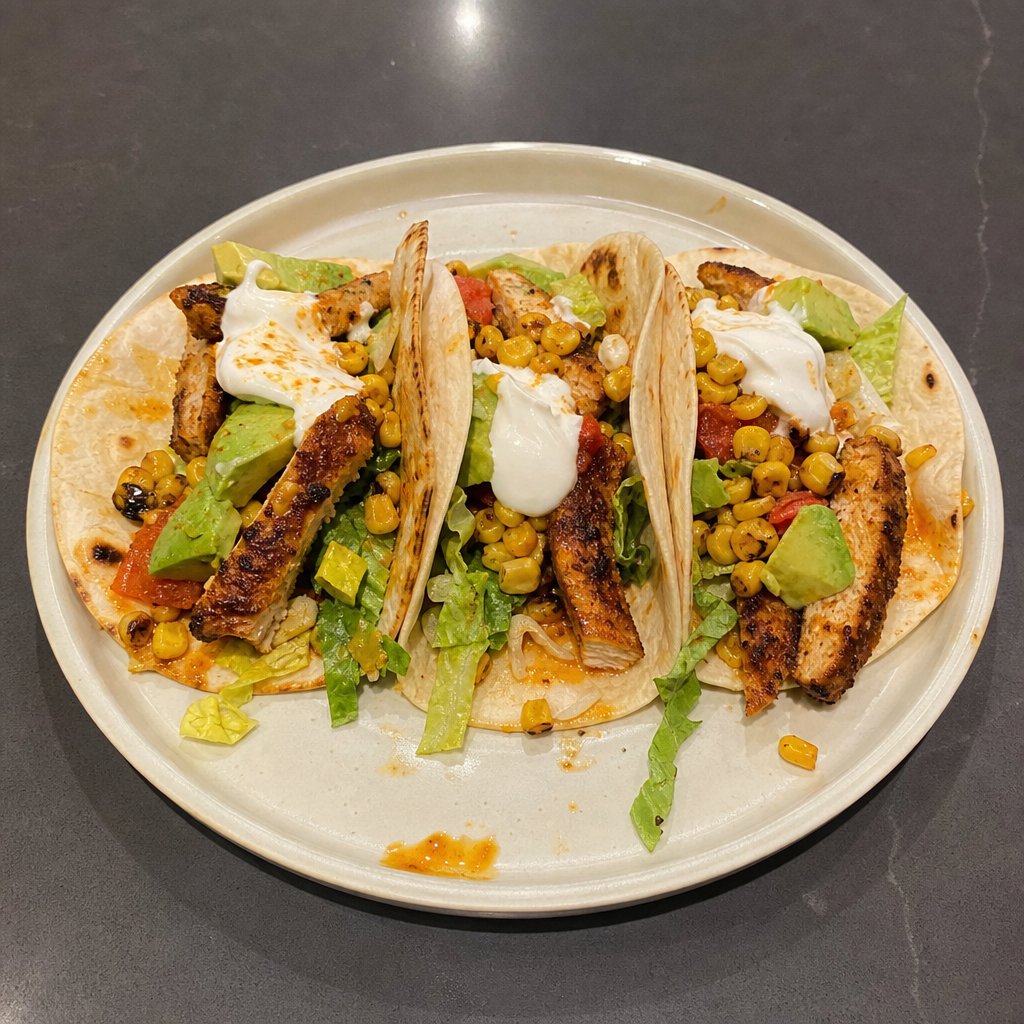 Tacos de poulet grillé, avocat et maïs