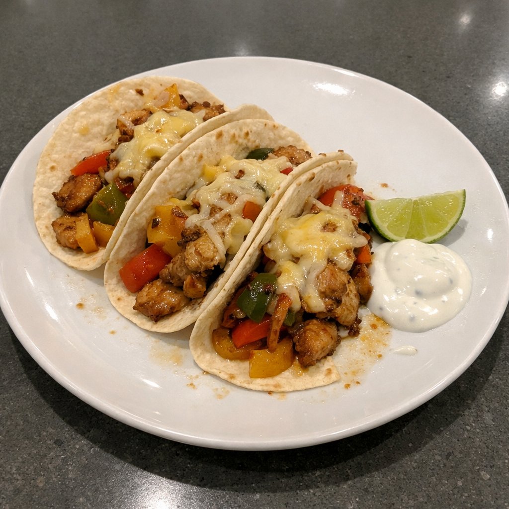 Tacos de poulet aux poivrons sautés et fromage fondu
