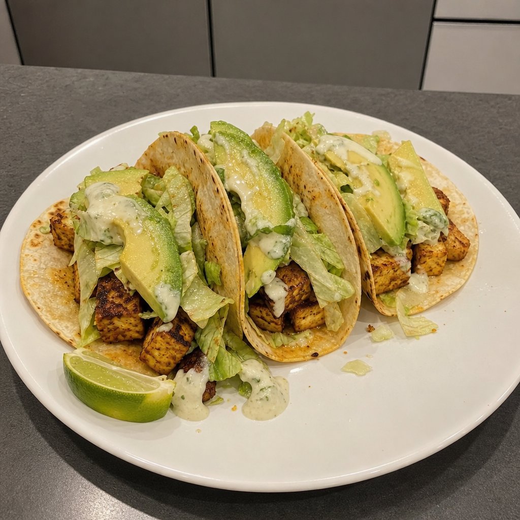 Tacos croustillants au tofu épicé, mayo crémeuse à la lime et avocat