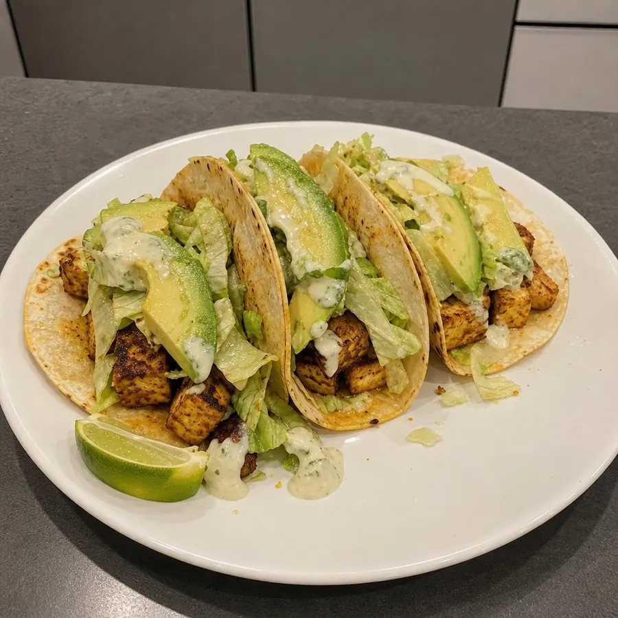 Tacos croustillants au tofu épicé, mayo crémeuse à la lime et avocat