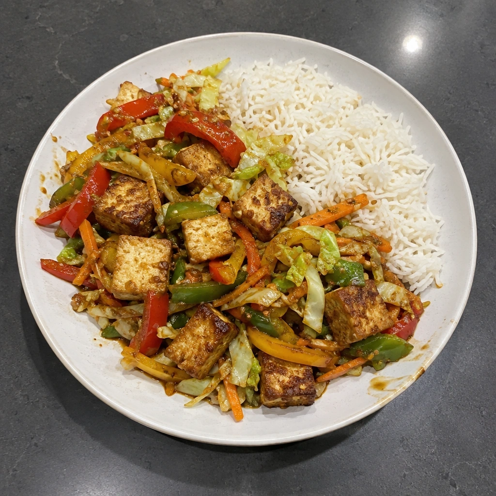 Tofu croustillant sauté aux poivrons et au chou, riz basmati