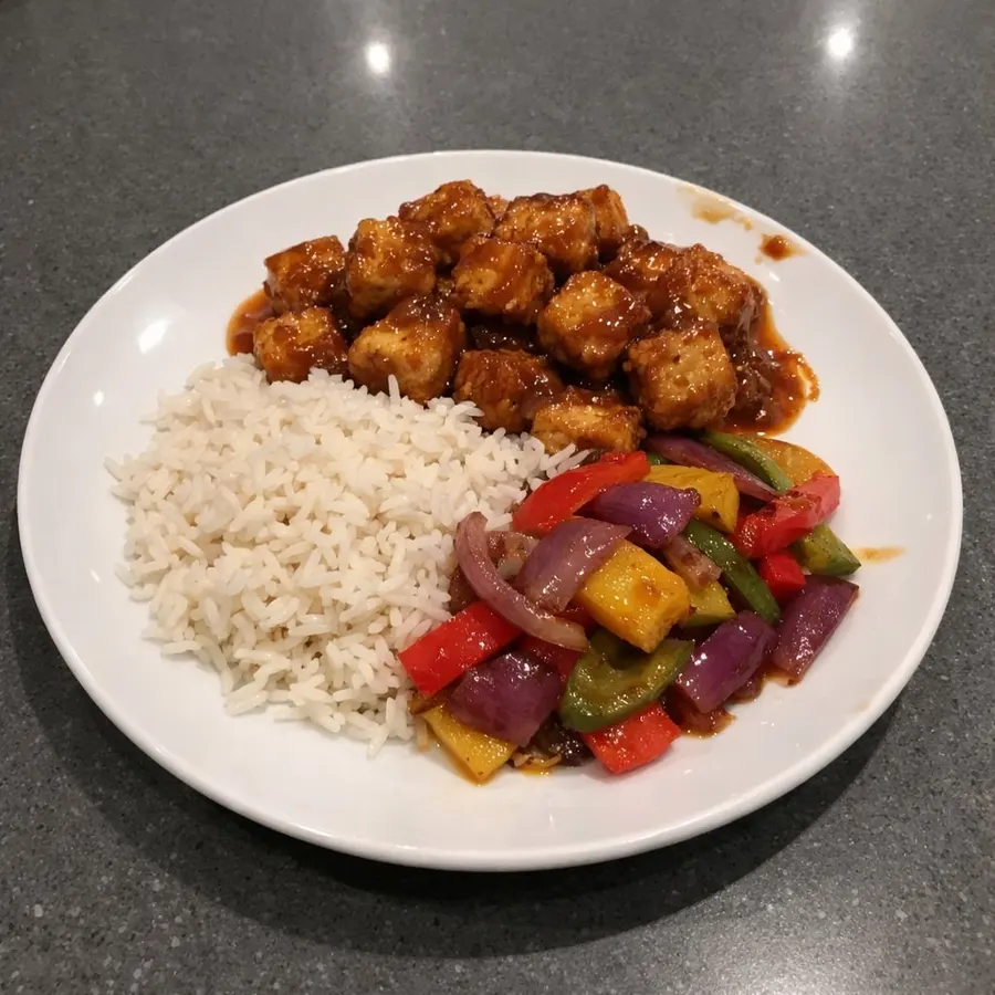 Tofu général Tao croustillant, riz basmati et poivrons sautés