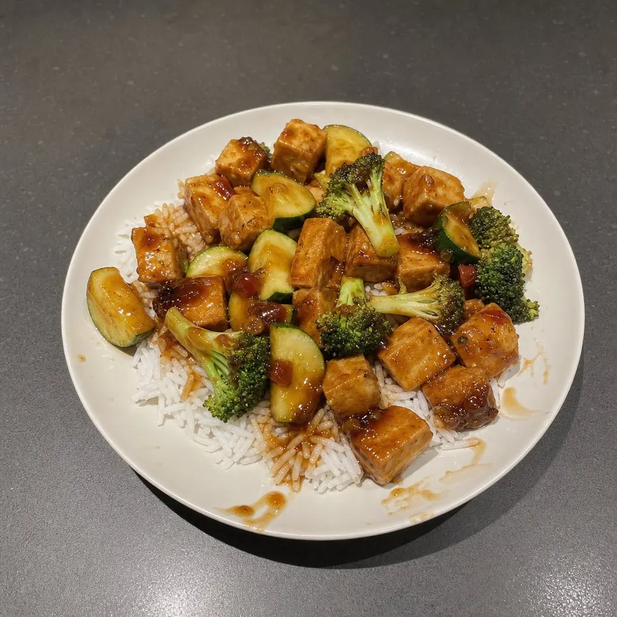 Sauté de tofu Général Tao maison, brocoli et courgette