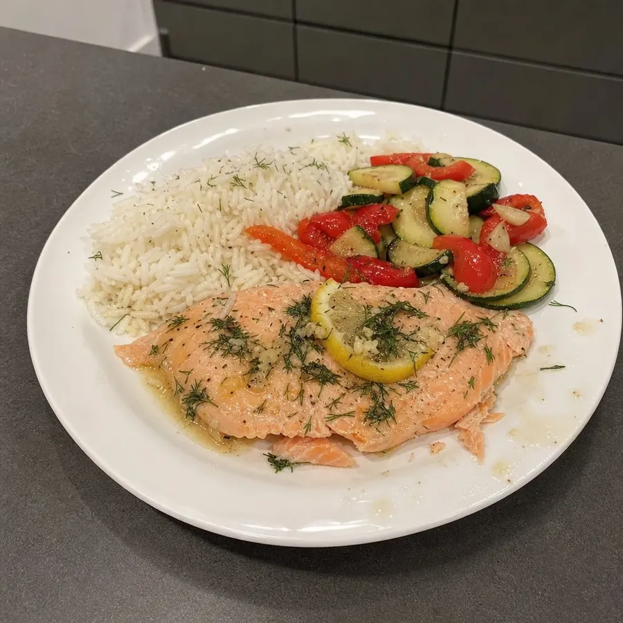 Truite steelhead au four, citron et aneth, riz basmati et courgettes