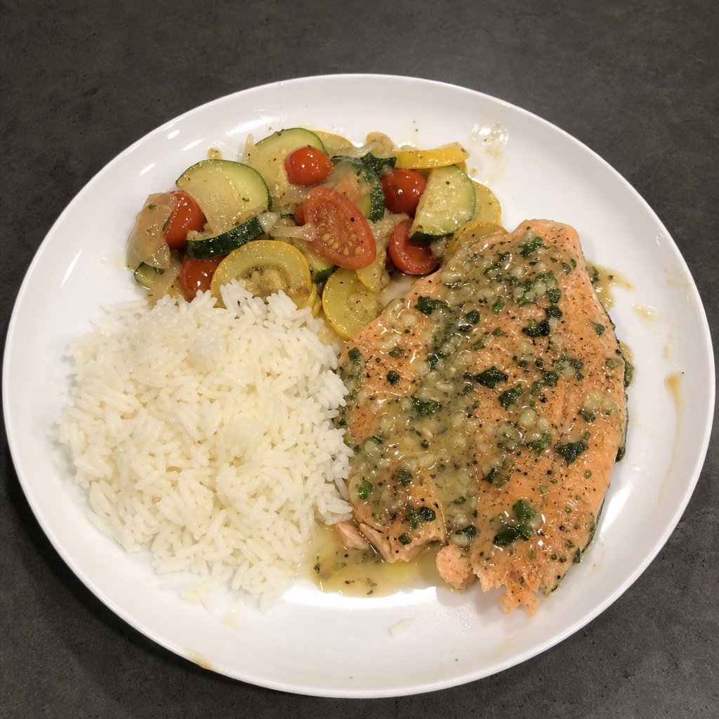 Filets de truite steelhead au four, beurre citron-ail, courgettes et tomates raisins