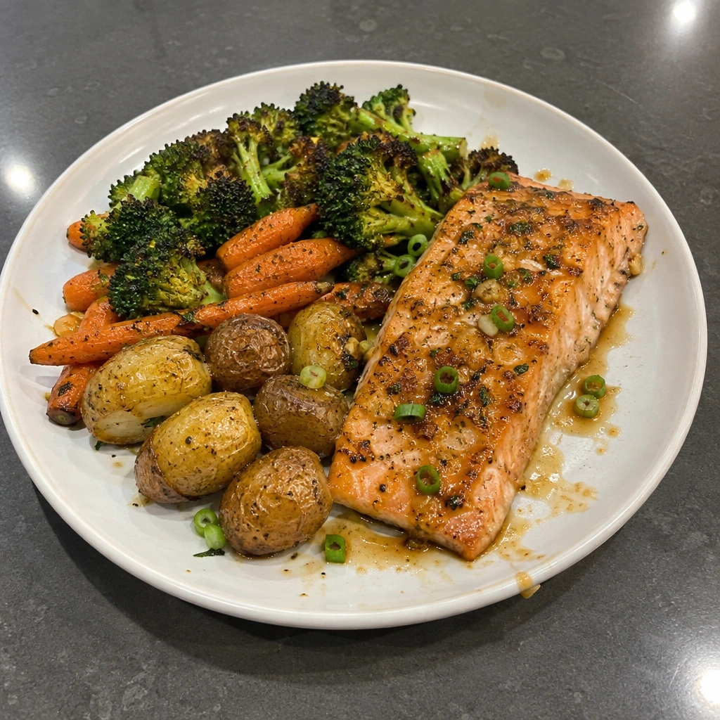 Truite steelhead au four, glaçage miel-ail, grelots et brocoli rôtis